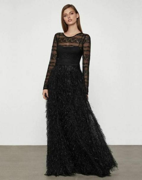 Черное вечернее платье с длинными полупрозрачными рукавами 475