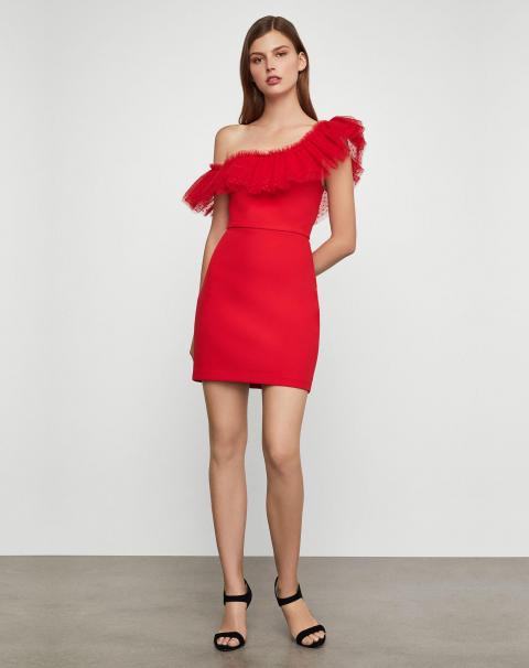 Красное коктейльное платье на одно плечо 1301
