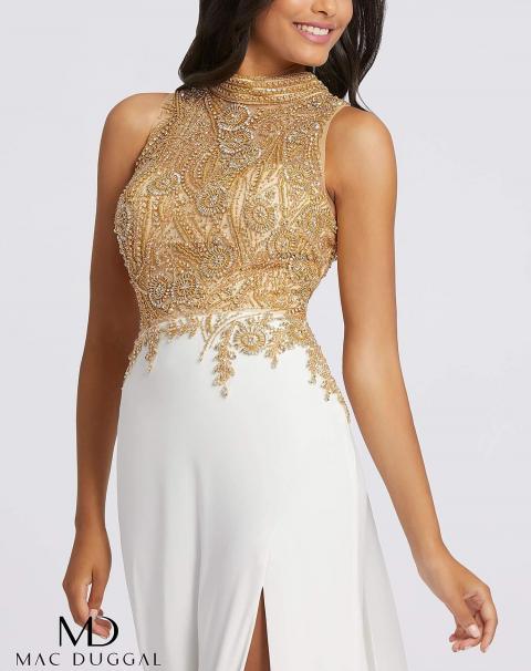Белое вечернее платья с вышитым топом золотого цвета 1310