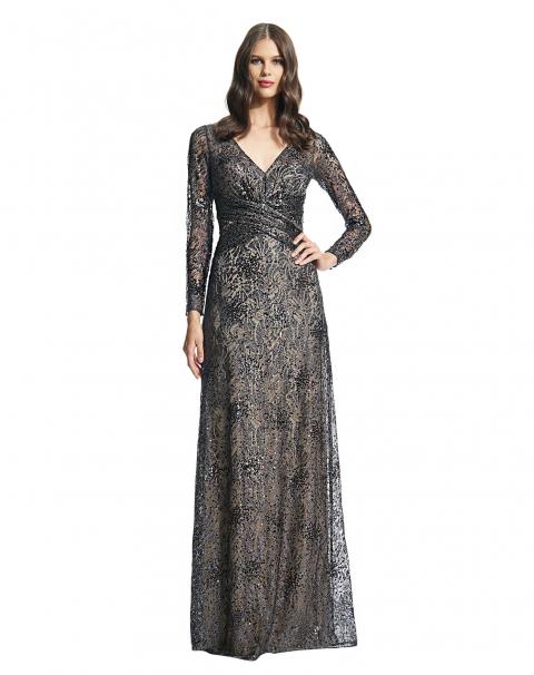 Чорна вечірня сукня з паєтками та довгими рукавами 1350