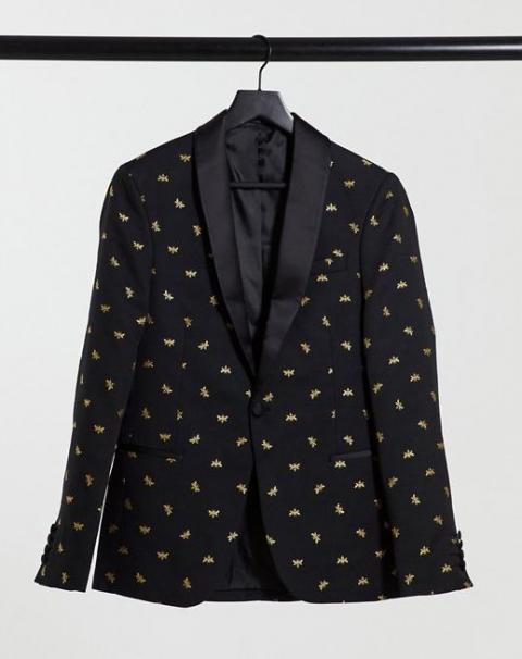 Черный пиджак смокинга со стильным принтом 1512