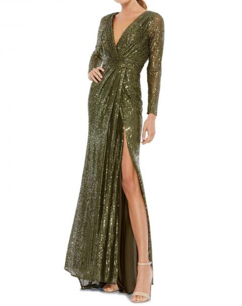 Блискуча вечірня сукня оливкового кольору з довгими рукавами