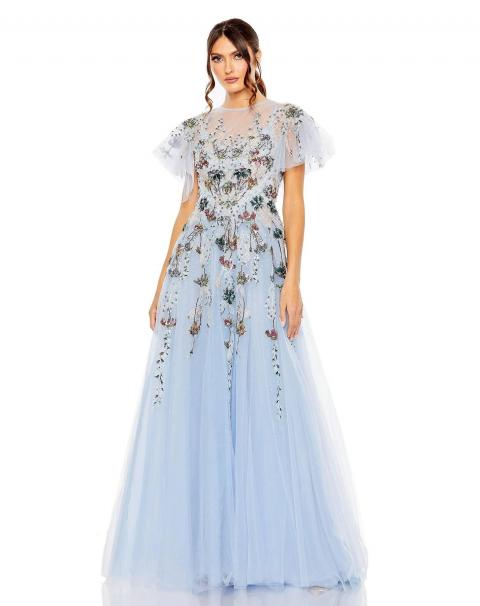 Легкое голубое вечернее платье с цветочной вышивкой 1676
