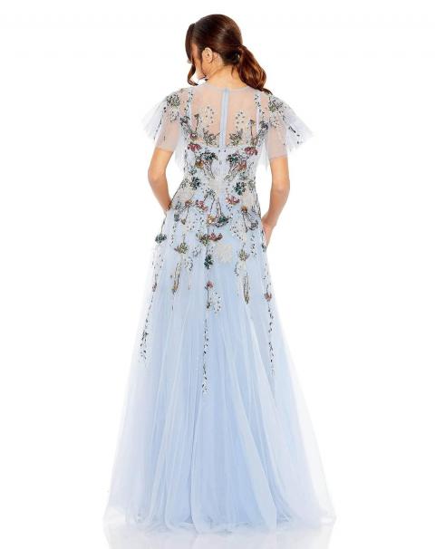 Легкое голубое вечернее платье с цветочной вышивкой 1676