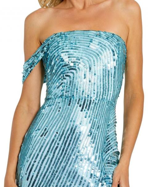 Блакитна вечірня сукня з паєтками на одне плече 1898