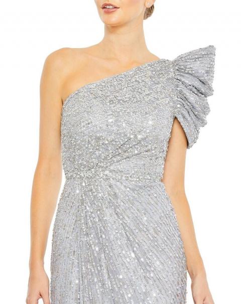 Сіра вечірня сукня з паєтками на одне плече 1899