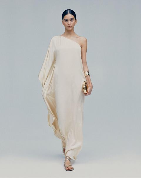 Коктейльное платье молочного цвета на одно плече 1907